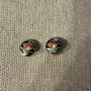 Vintage Cloisonné Floral Clip-On Earrings – Black & Gold Enamel